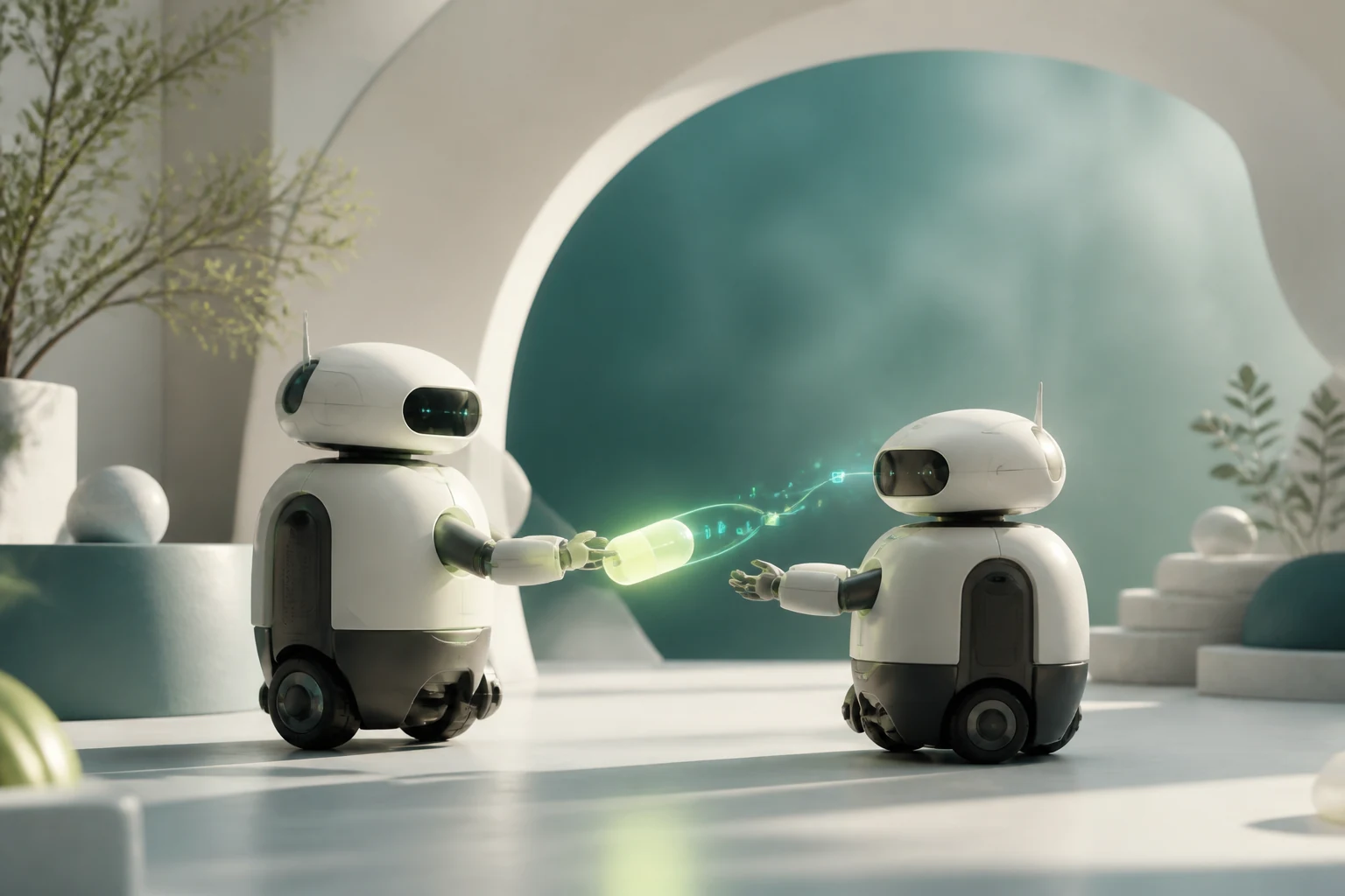 Two friendly service robots hand off a glowing task capsule while context travels with it.