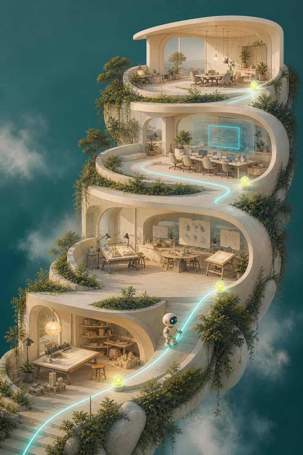 A friendly guide follows one continuous path through increasingly broad rooms of engineering responsibility.