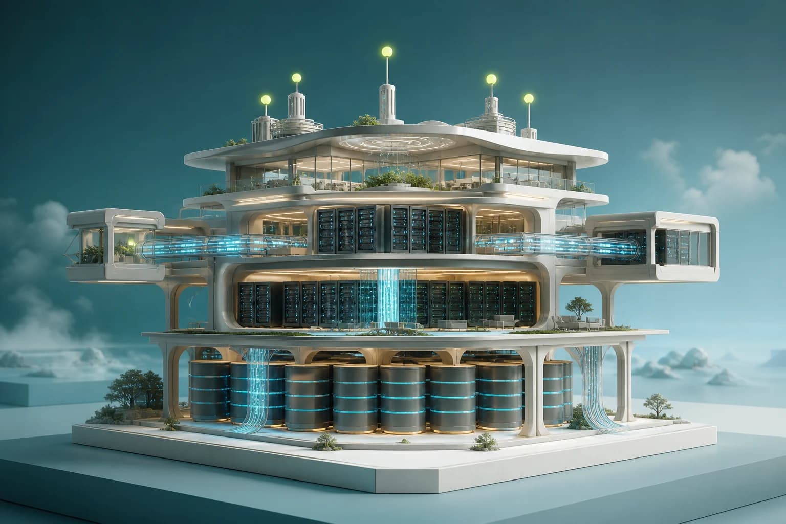 Cloud architecture imagined as a layered building with database foundations, server floors, integration bridges, and observability beacons.